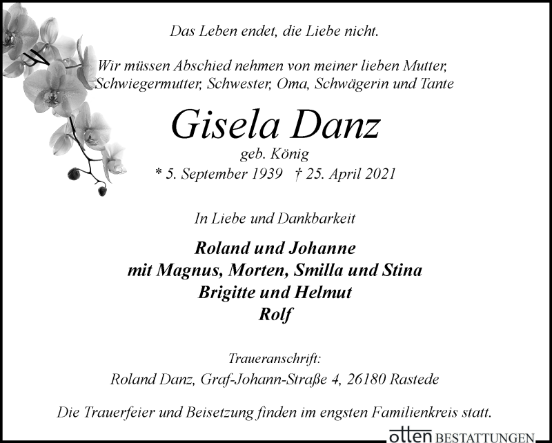 Traueranzeige von Gisela Danz von Osterholzer Kreisblatt
