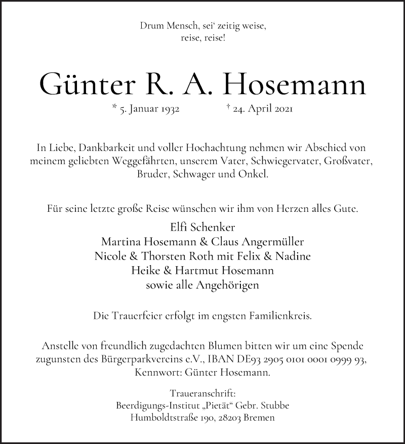 Traueranzeige von Günter R. A. Hosemann von WESER-KURIER
