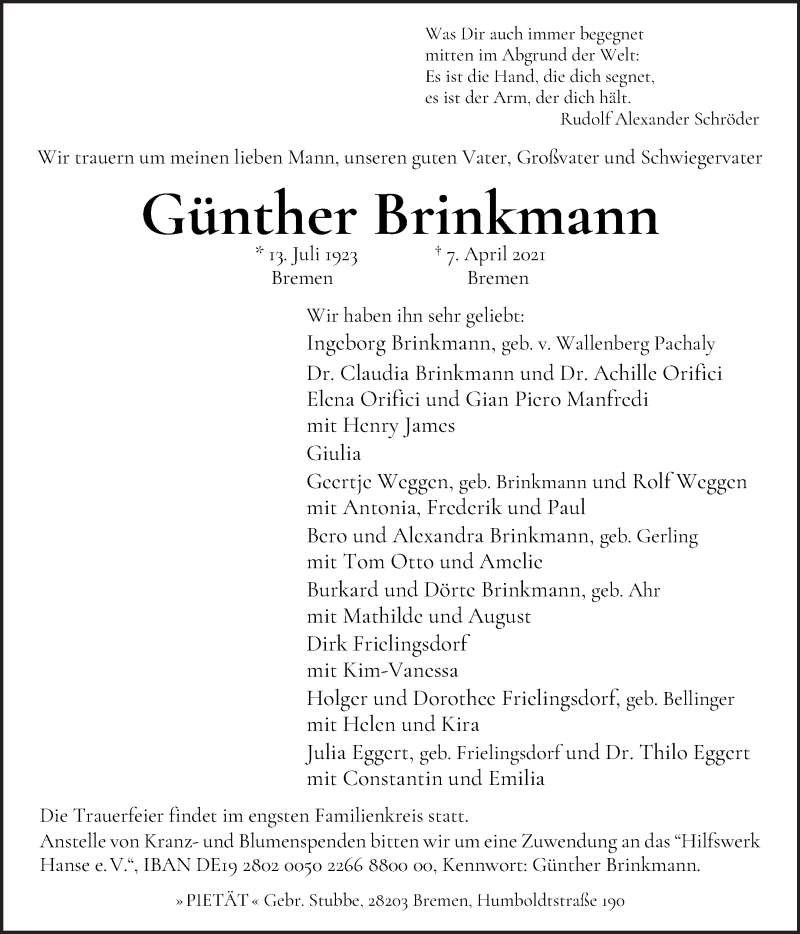 Traueranzeige von Günther Brinkmann von WESER-KURIER