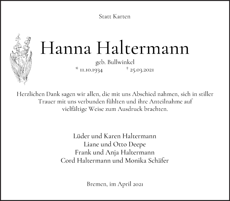 Traueranzeige von Hanna Haltermann von WESER-KURIER