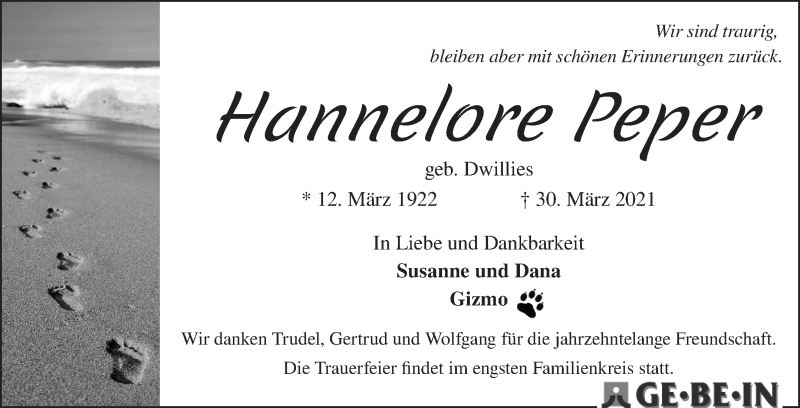 Traueranzeige von Hannelore Peper von WESER-KURIER