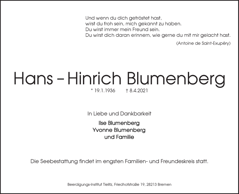 Traueranzeige von Hans Hinrich Blumenberg von WESER-KURIER