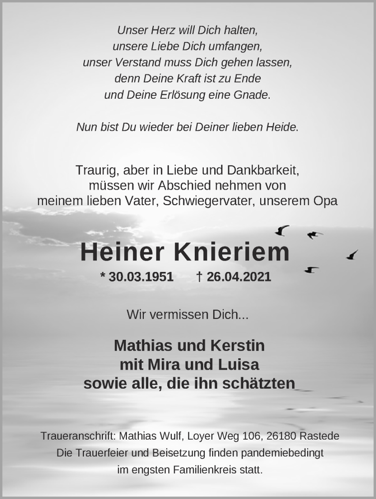 Traueranzeige von Heiner Knieriem von WESER-KURIER