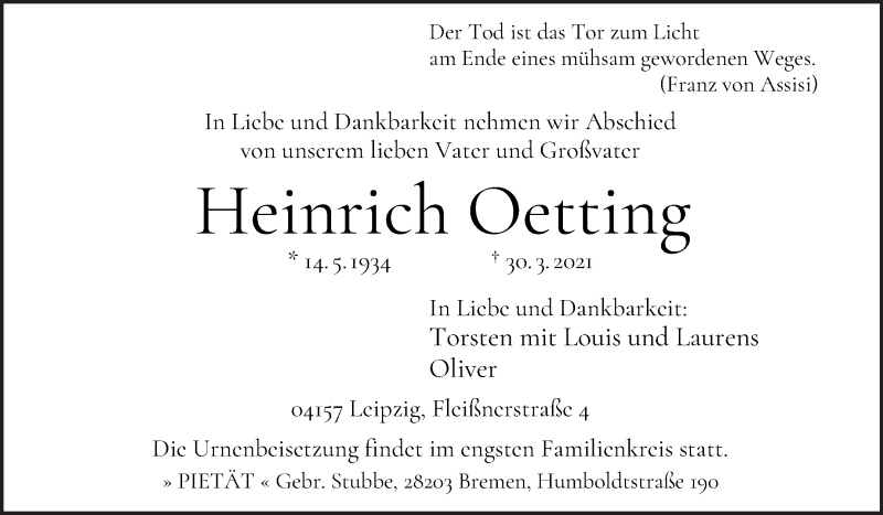 Traueranzeige von Heinrich Oetting von WESER-KURIER