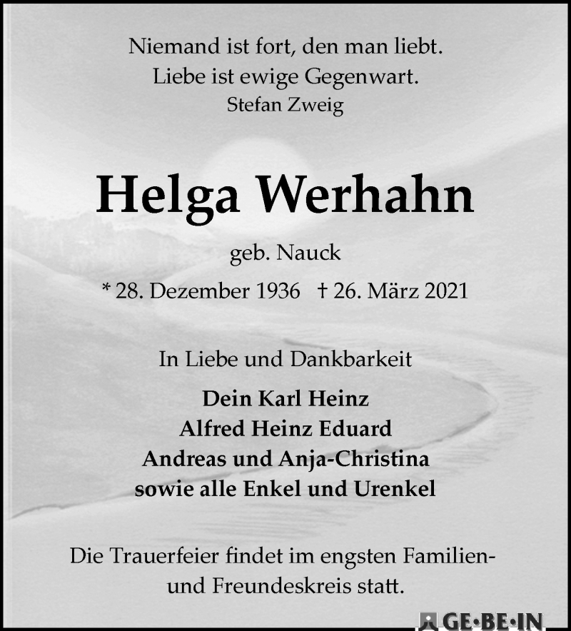 Traueranzeige von Helga Werhahn von WESER-KURIER