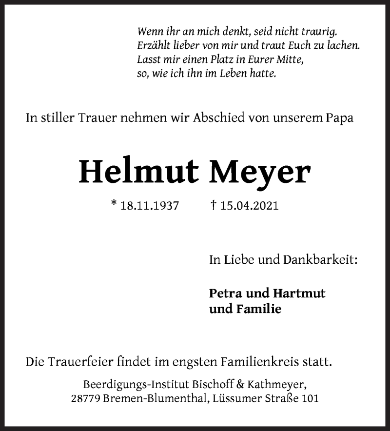 Traueranzeige von Helmut Meyer von Die Norddeutsche