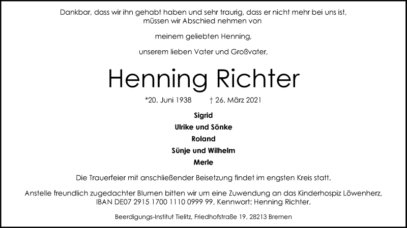 Traueranzeige von Henning Richter von WESER-KURIER