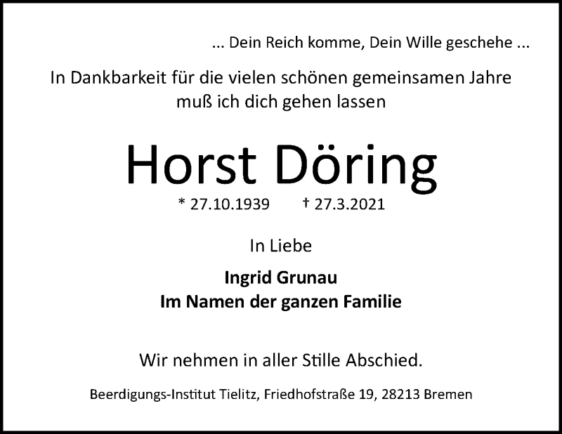 Traueranzeige von Horst Döring von WESER-KURIER