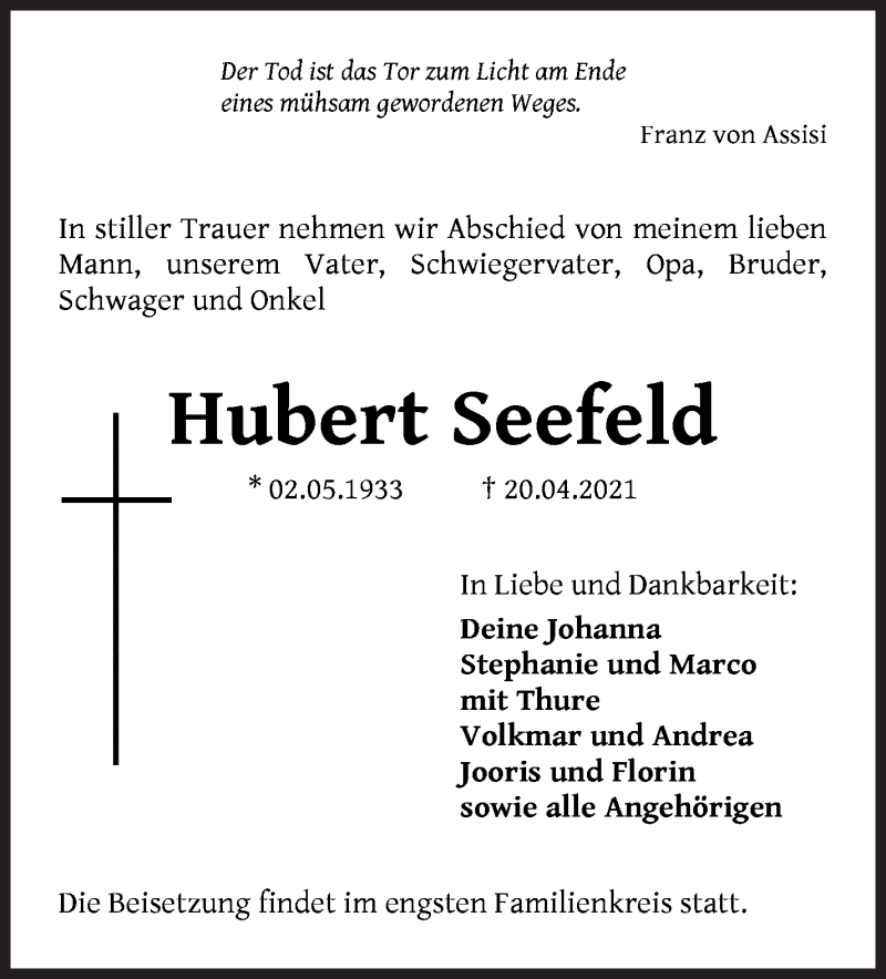 Traueranzeige von Hubert Seefeld von Die Norddeutsche