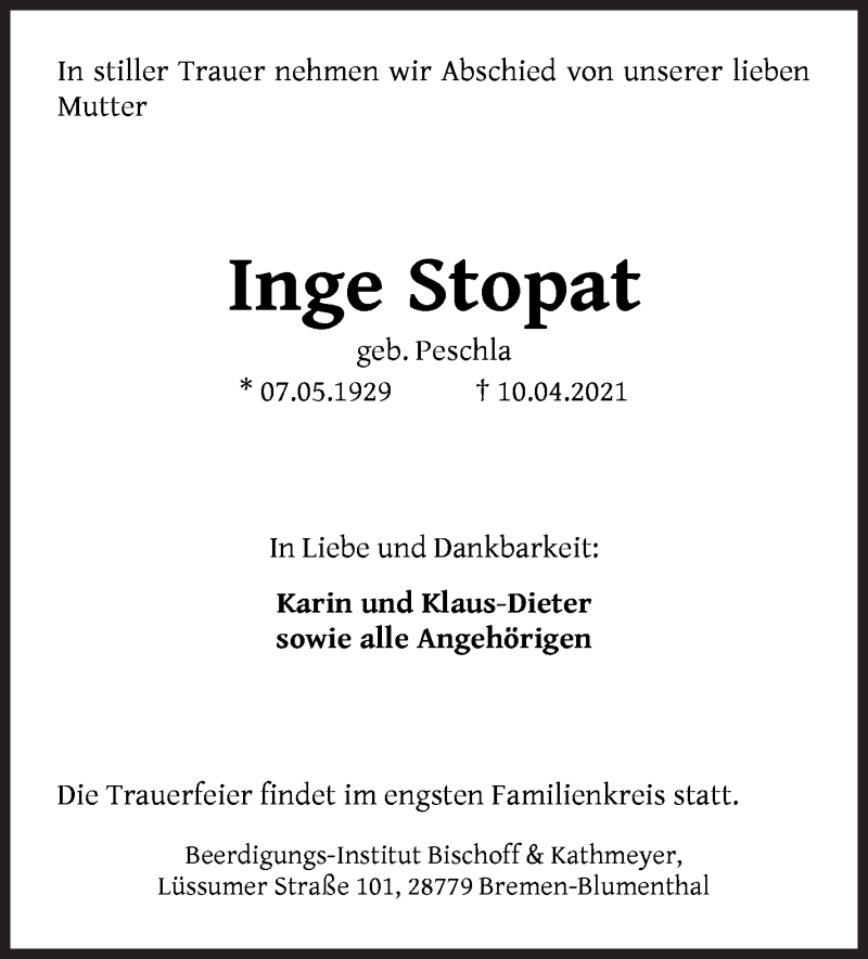 Traueranzeige von Inge Stopat von Die Norddeutsche