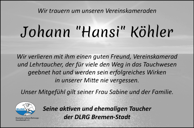 Traueranzeige von Hansi (Johann) Köhler von WESER-KURIER