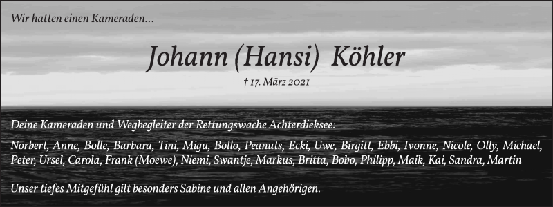 Traueranzeige von Hansi (Johann) Köhler von WESER-KURIER