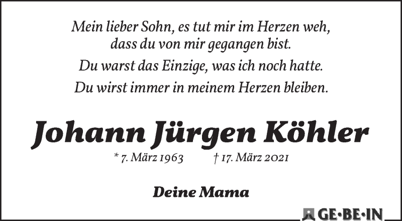 Traueranzeige von Hansi (Johann) Köhler von WESER-KURIER