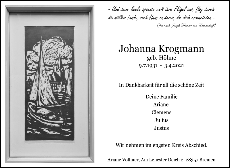 Traueranzeige von Johanna Krogmann von WESER-KURIER