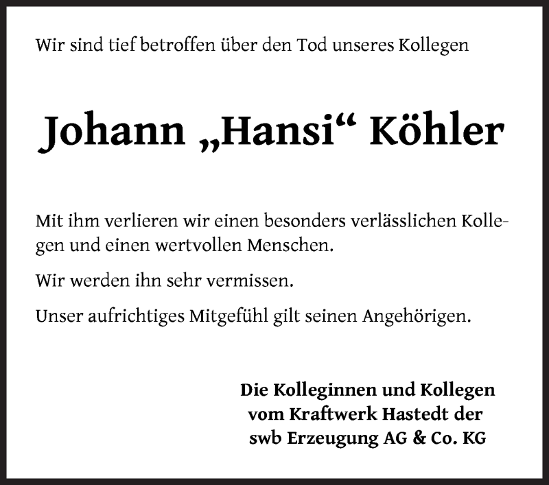 Traueranzeige von Hansi (Johann) Köhler von WESER-KURIER