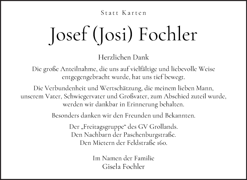 Traueranzeige von Josef Fochler von WESER-KURIER