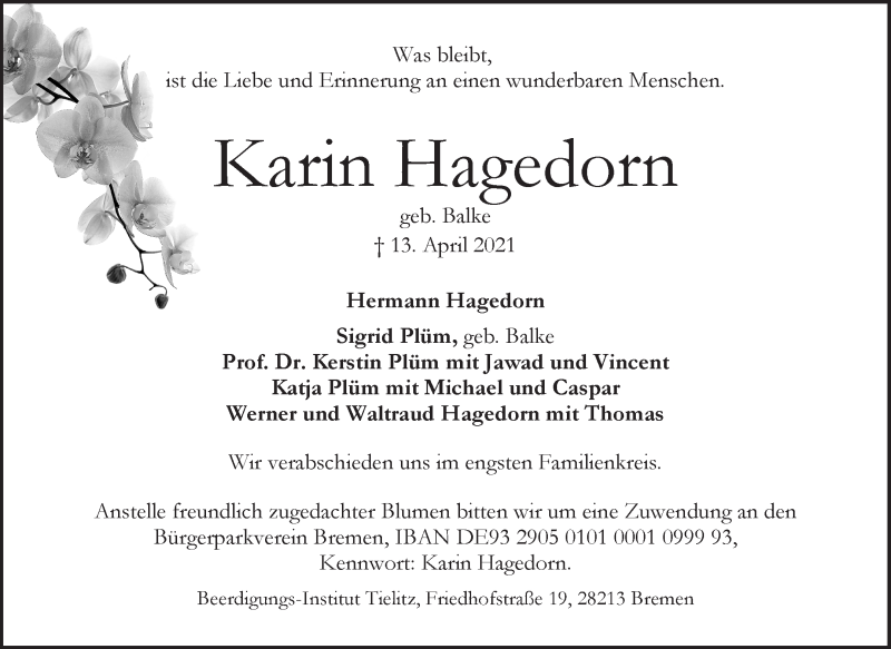 Traueranzeige von Karin Hagedorn von WESER-KURIER
