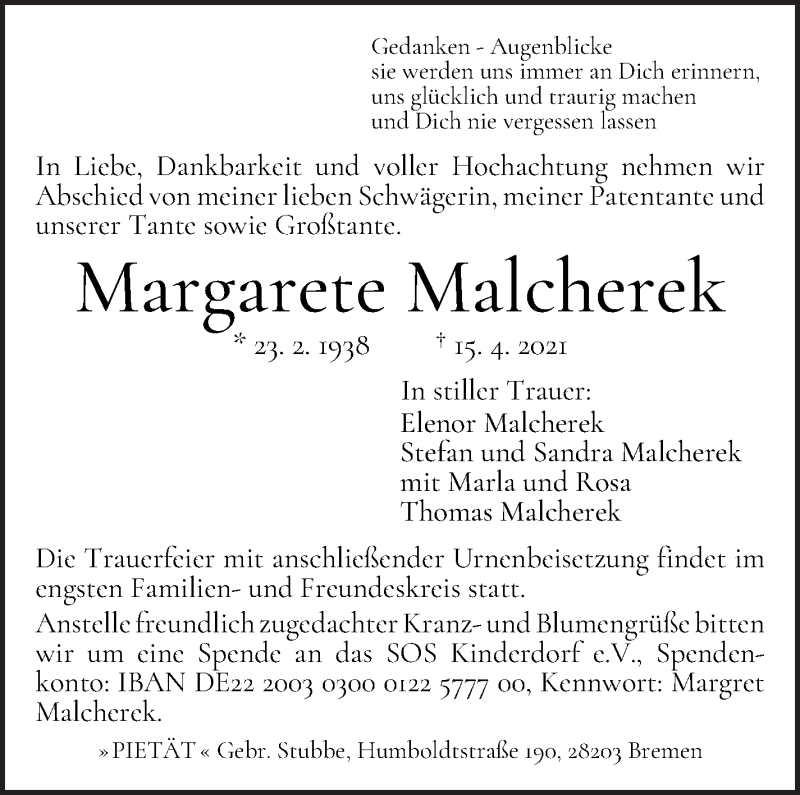 Traueranzeige von Margarete Malcherek von WESER-KURIER