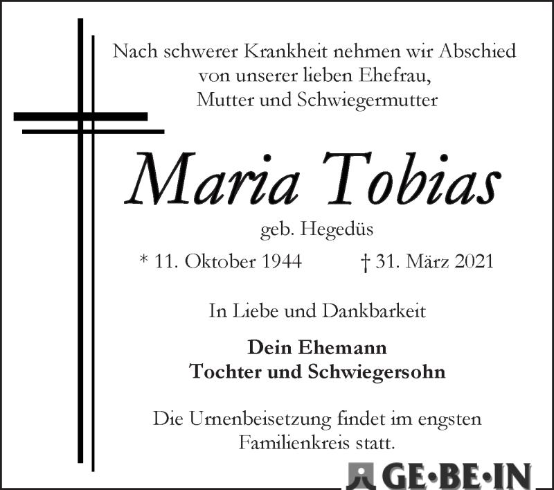 Traueranzeige von Maria Tobias von WESER-KURIER