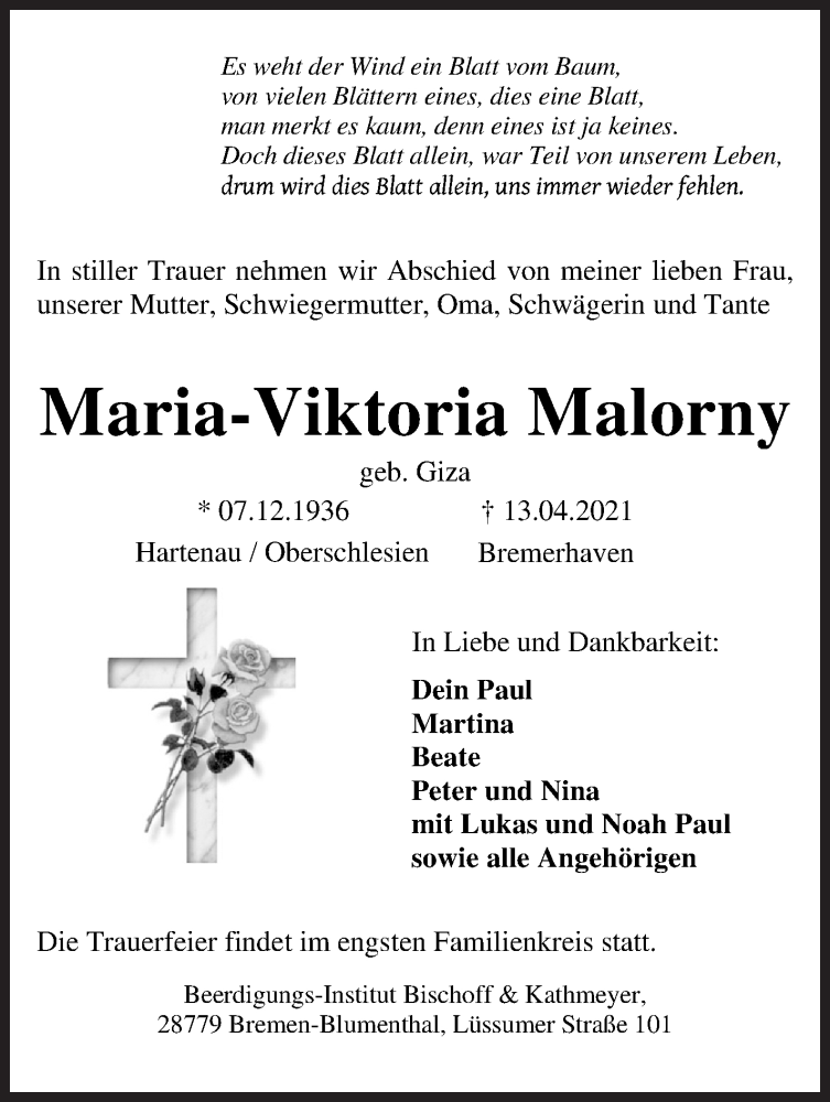 Traueranzeige von Maria-Viktoria Malorny von Die Norddeutsche