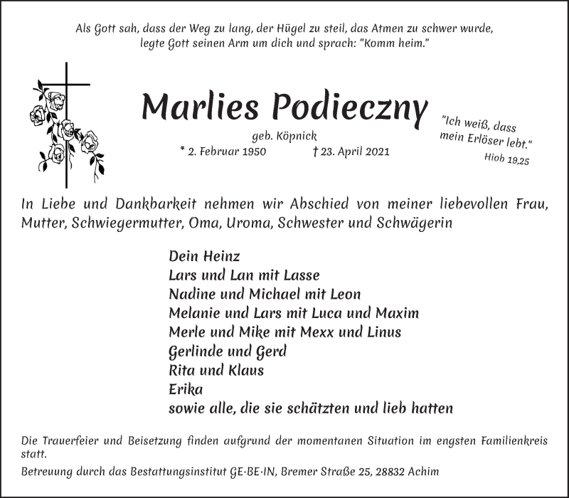 Traueranzeige von Marlies Podieczny von Achimer Kurier/Verdener Nachrichten