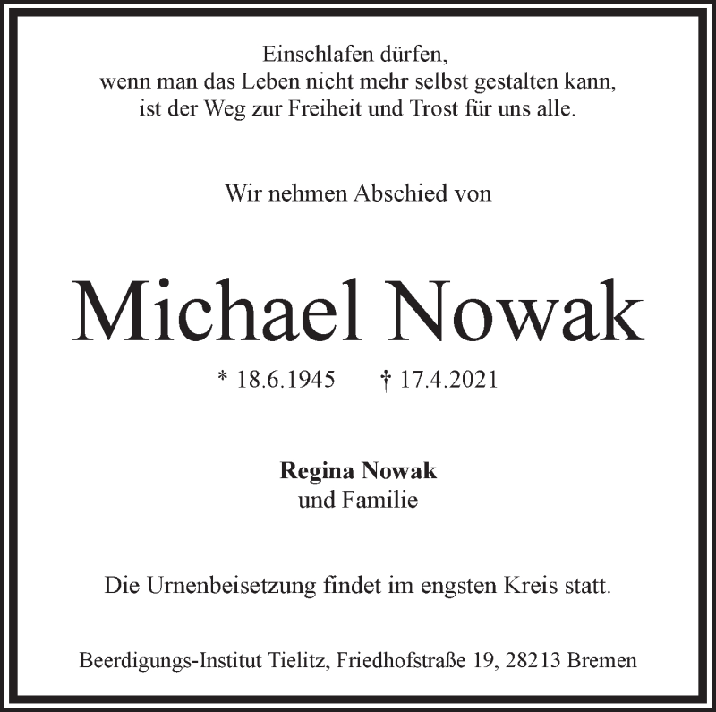Traueranzeige von Michael Nowak von WESER-KURIER