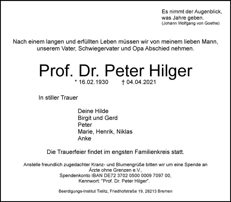 Traueranzeige von Prof. Dr. Peter Hilger von WESER-KURIER