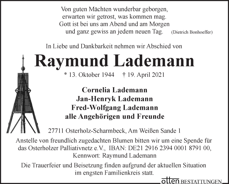 Traueranzeige von Raymund Lademann von Osterholzer Kreisblatt