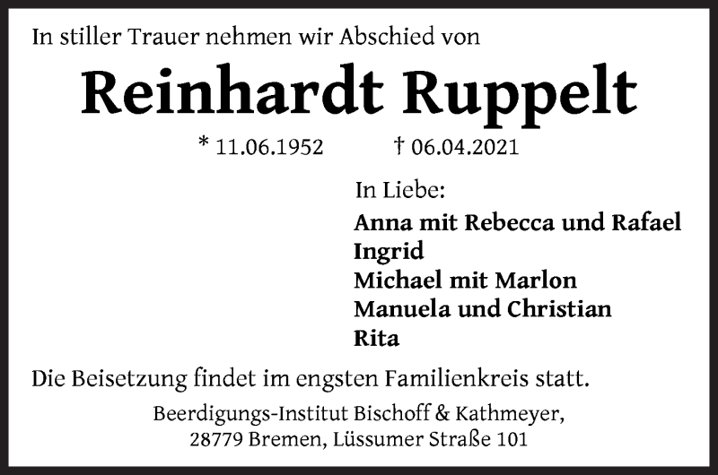 Traueranzeige von Reinhardt Ruppelt von Die Norddeutsche