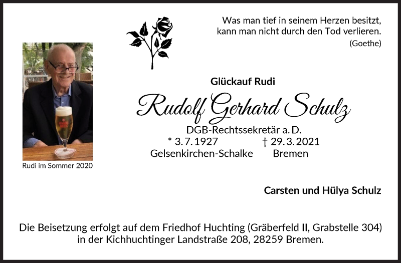 Traueranzeige von Rudolf Gerhard Schulz von WESER-KURIER