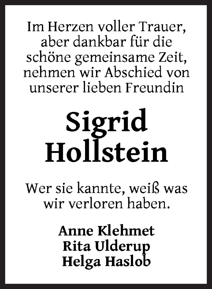 Traueranzeige von Sigrid Hollstein von WESER-KURIER
