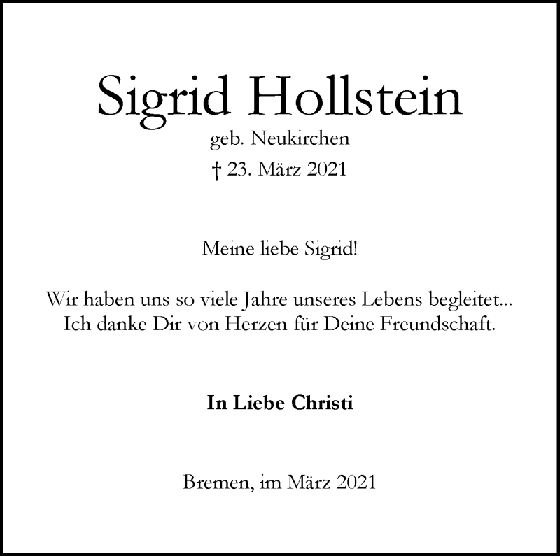 Traueranzeige von Sigrid Hollstein von WESER-KURIER