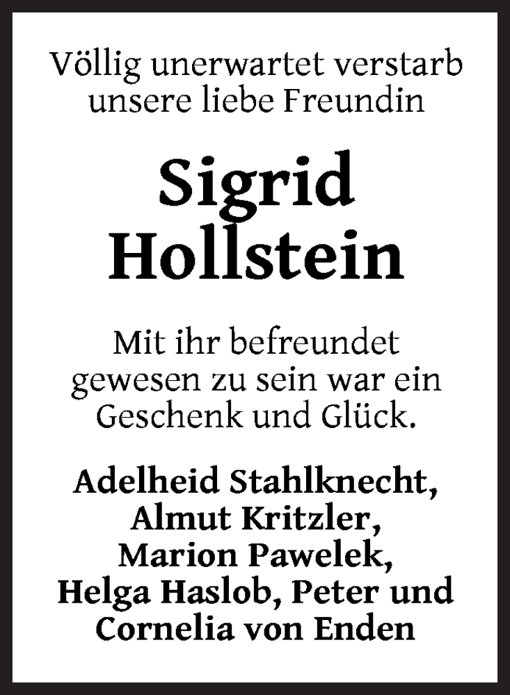 Traueranzeige von Sigrid Hollstein von WESER-KURIER