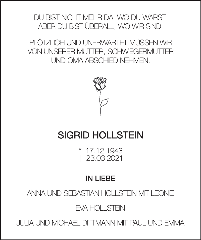 Traueranzeige von Sigrid Hollstein von WESER-KURIER