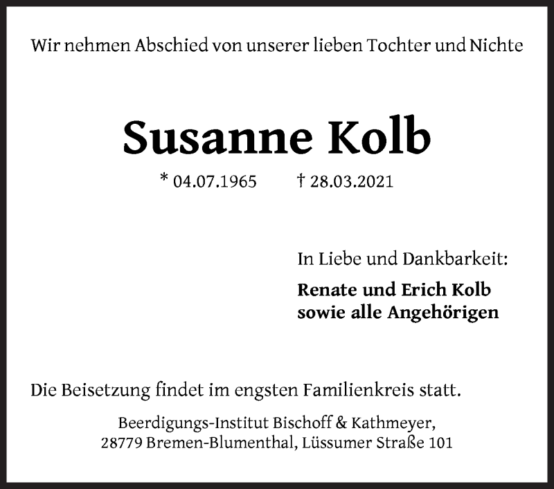 Traueranzeige von Susanne Kolb von Die Norddeutsche