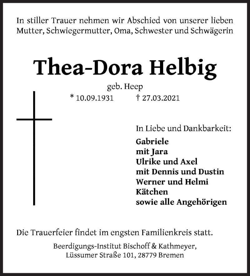 Traueranzeige von Thea-Dora Helbig von Die Norddeutsche