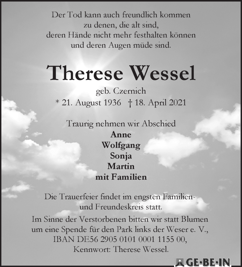 Traueranzeige von Therese Wessel von WESER-KURIER