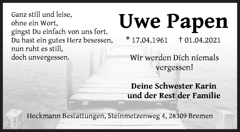 Traueranzeige von Uwe Papen von WESER-KURIER