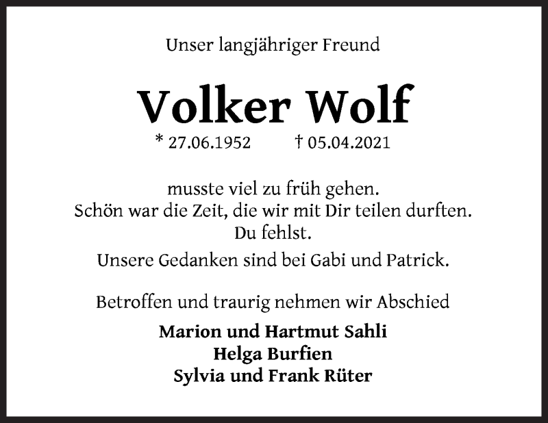 Traueranzeige von Volker Wolf von WESER-KURIER