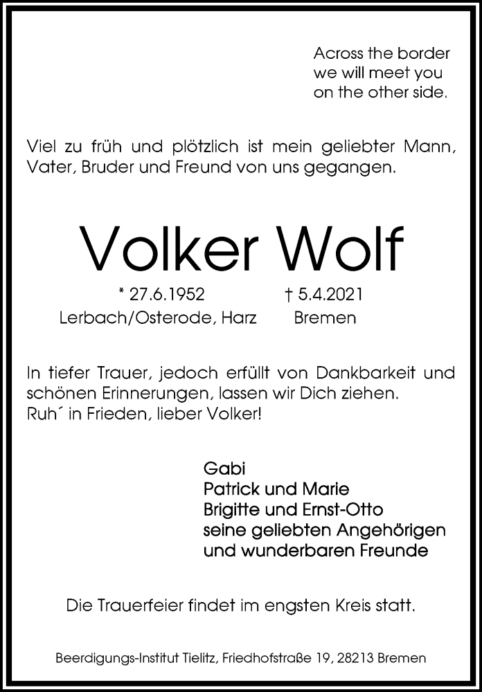 Traueranzeige von Volker Wolf von WESER-KURIER