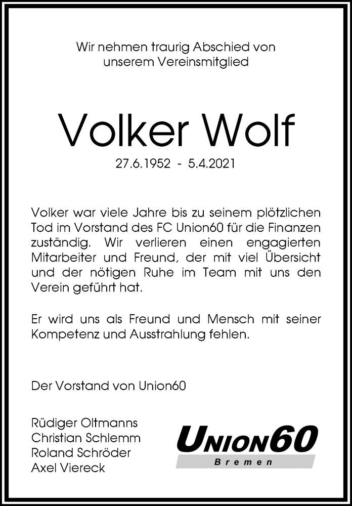 Traueranzeige von Volker Wolf von WESER-KURIER