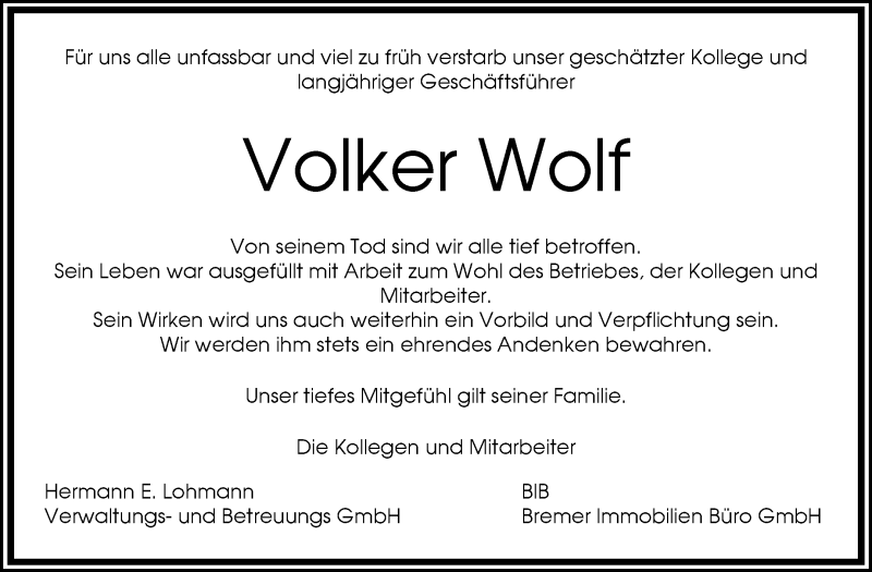 Traueranzeige von Volker Wolf von WESER-KURIER