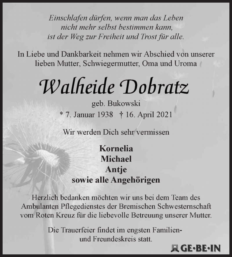Traueranzeige von Walheide Dobratz von WESER-KURIER
