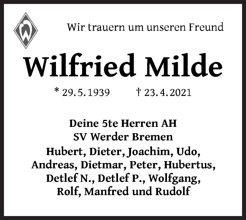 Traueranzeige von Wilfried Milde von WESER-KURIER
