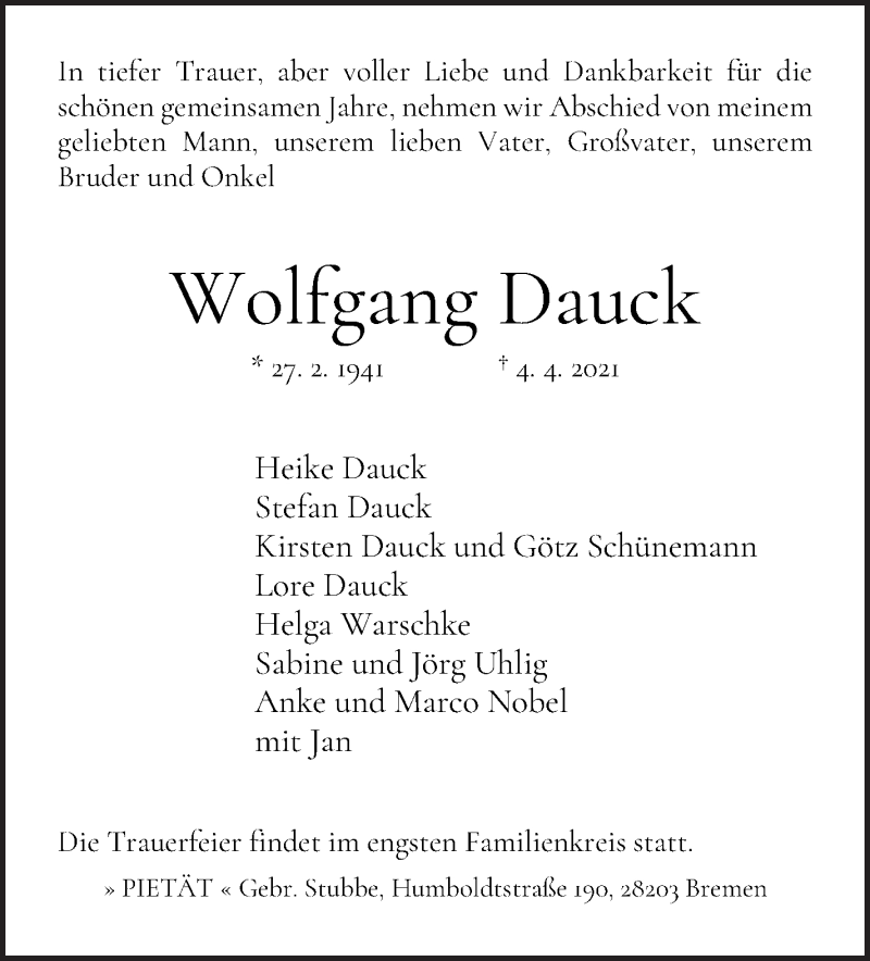 Traueranzeige von Wolfgang Dauck von WESER-KURIER