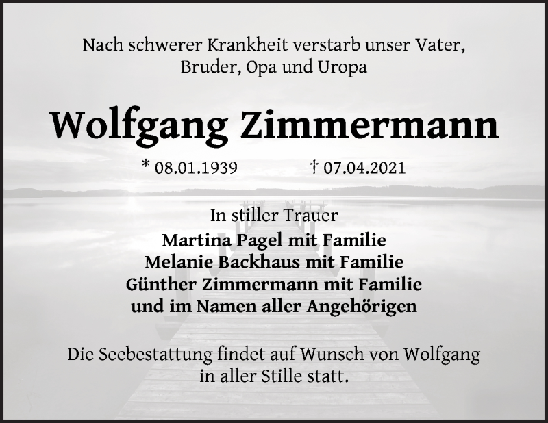 Traueranzeige von Wolfgang Zimmermann von WESER-KURIER