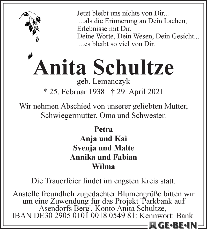 Traueranzeige von Anita Schultze von WESER-KURIER
