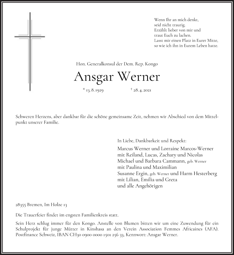 Traueranzeige von Ansgar Werner von WESER-KURIER