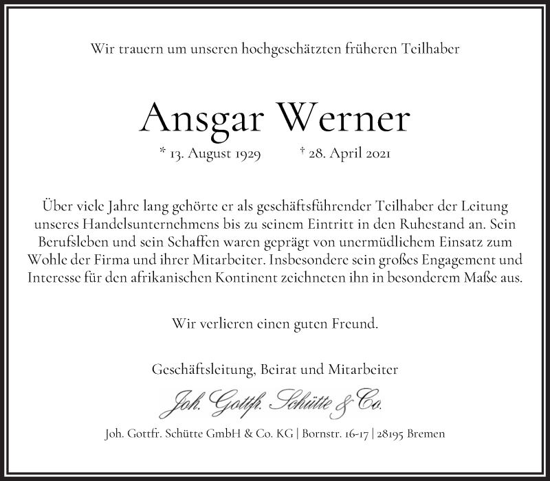 Traueranzeige von Ansgar Werner von WESER-KURIER