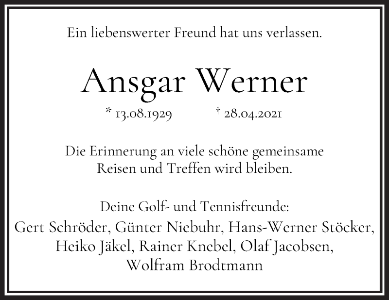 Traueranzeige von Ansgar Werner von WESER-KURIER